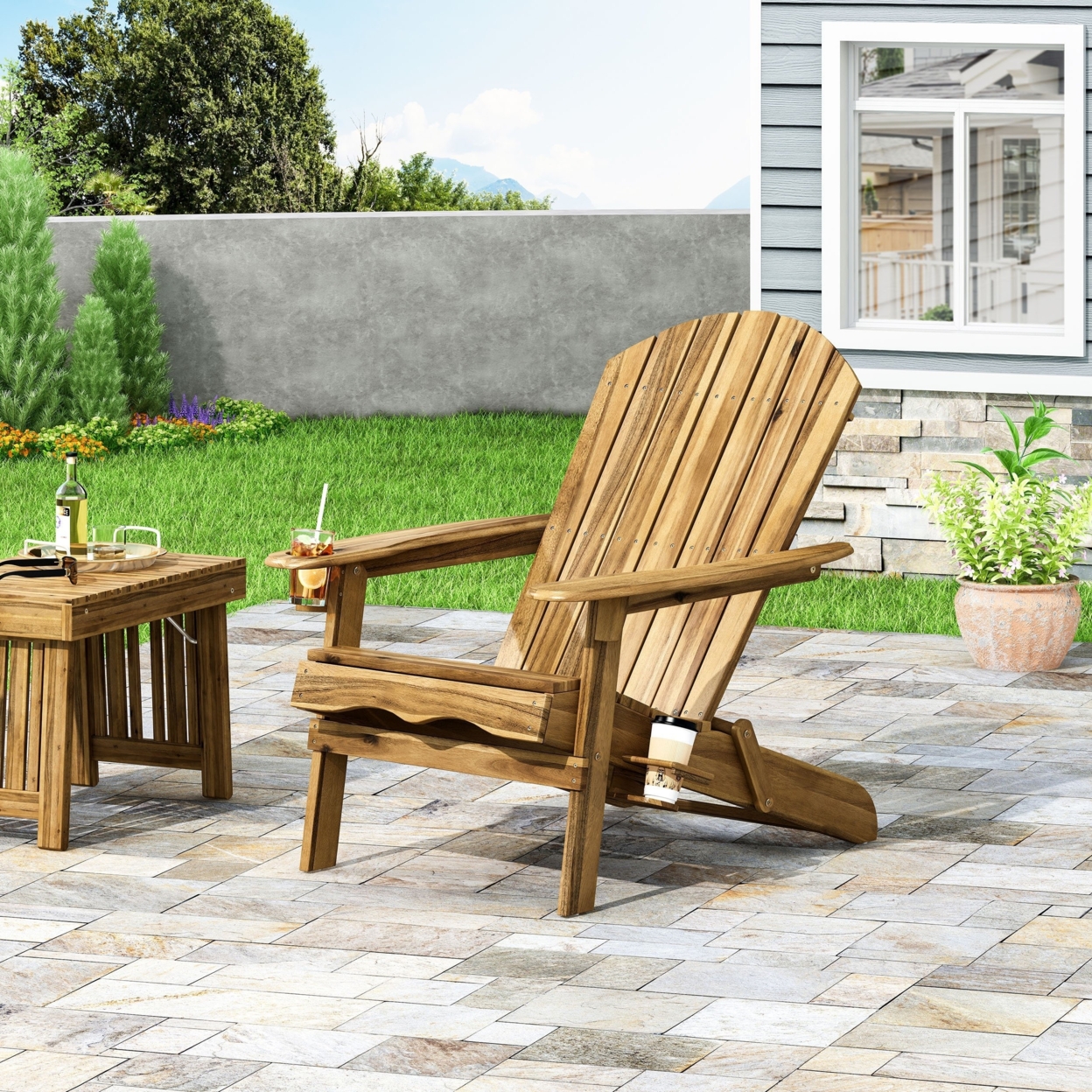 Kandyce Outdoor Acacia Wood Folding Adirondack Chair With Cup Holder - Natural