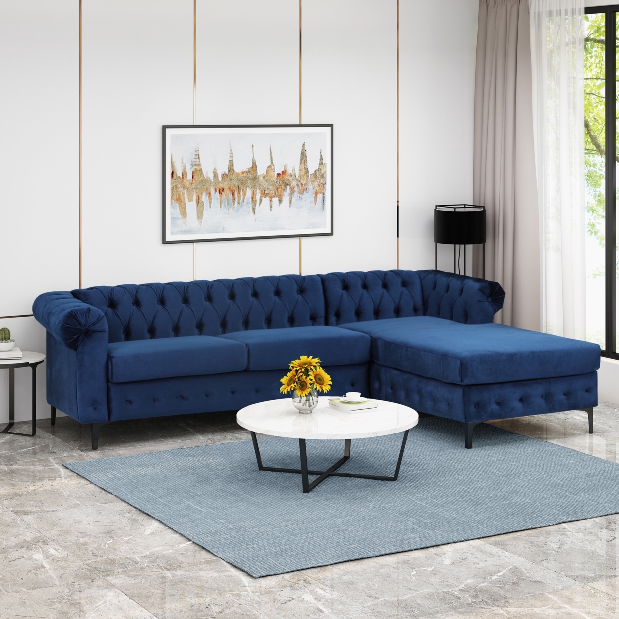 Juelz Contemporary Velvet 3 Seater Sectional Sofa With Chaise Lounge - Emerald