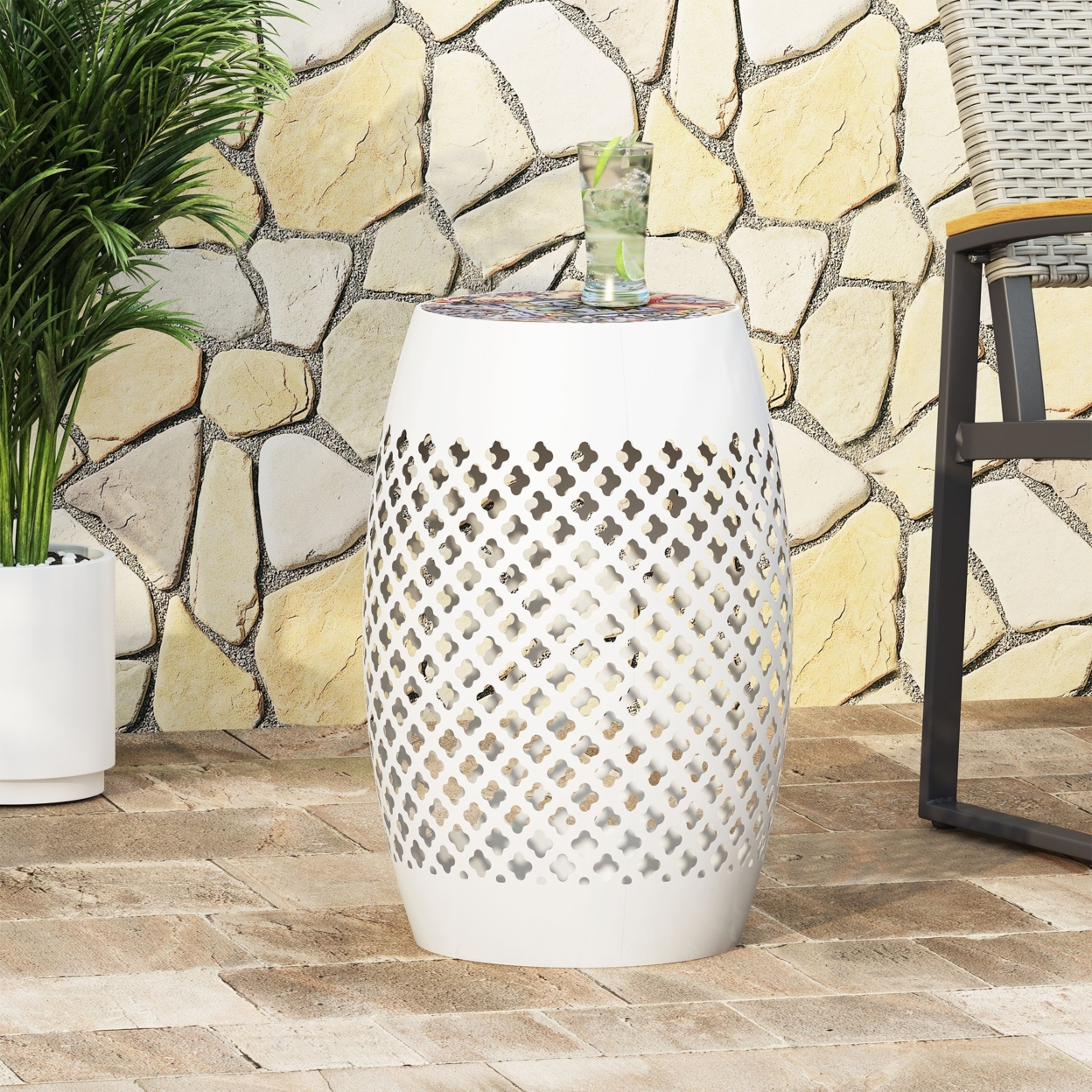Kalyse Outdoor Lace Cut Side Table With Tile Top - Teal