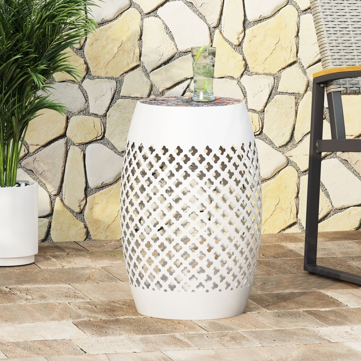 Kalyse Outdoor Lace Cut Side Table With Tile Top - White
