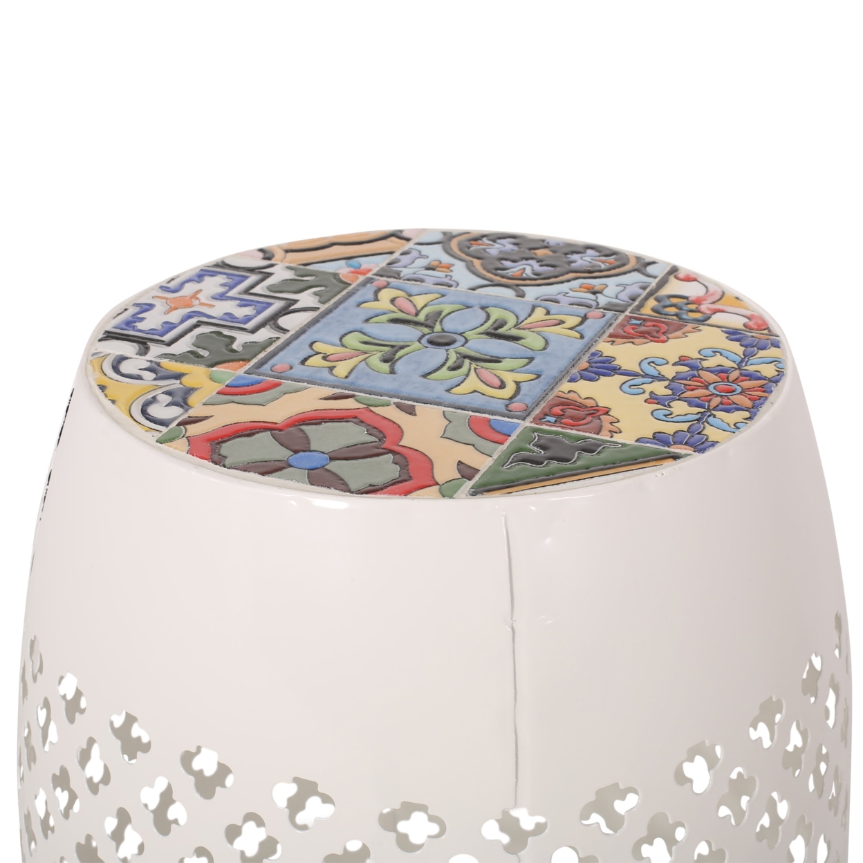 Kalyse Outdoor Lace Cut Side Table With Tile Top - White
