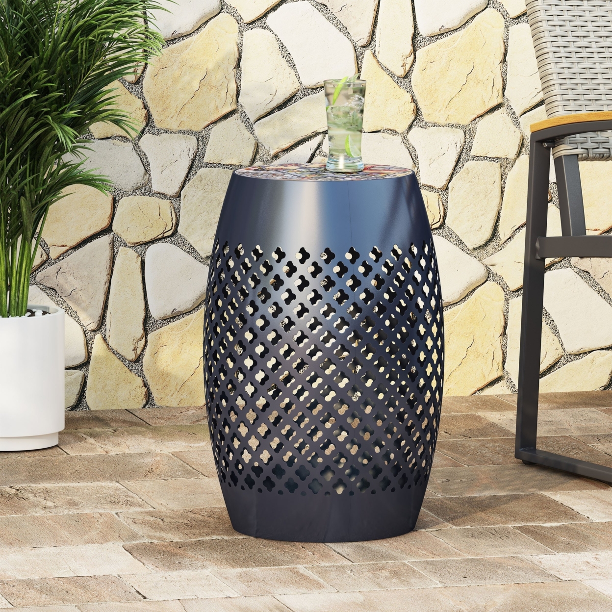 Kalyse Outdoor Lace Cut Side Table With Tile Top - Dark Blue