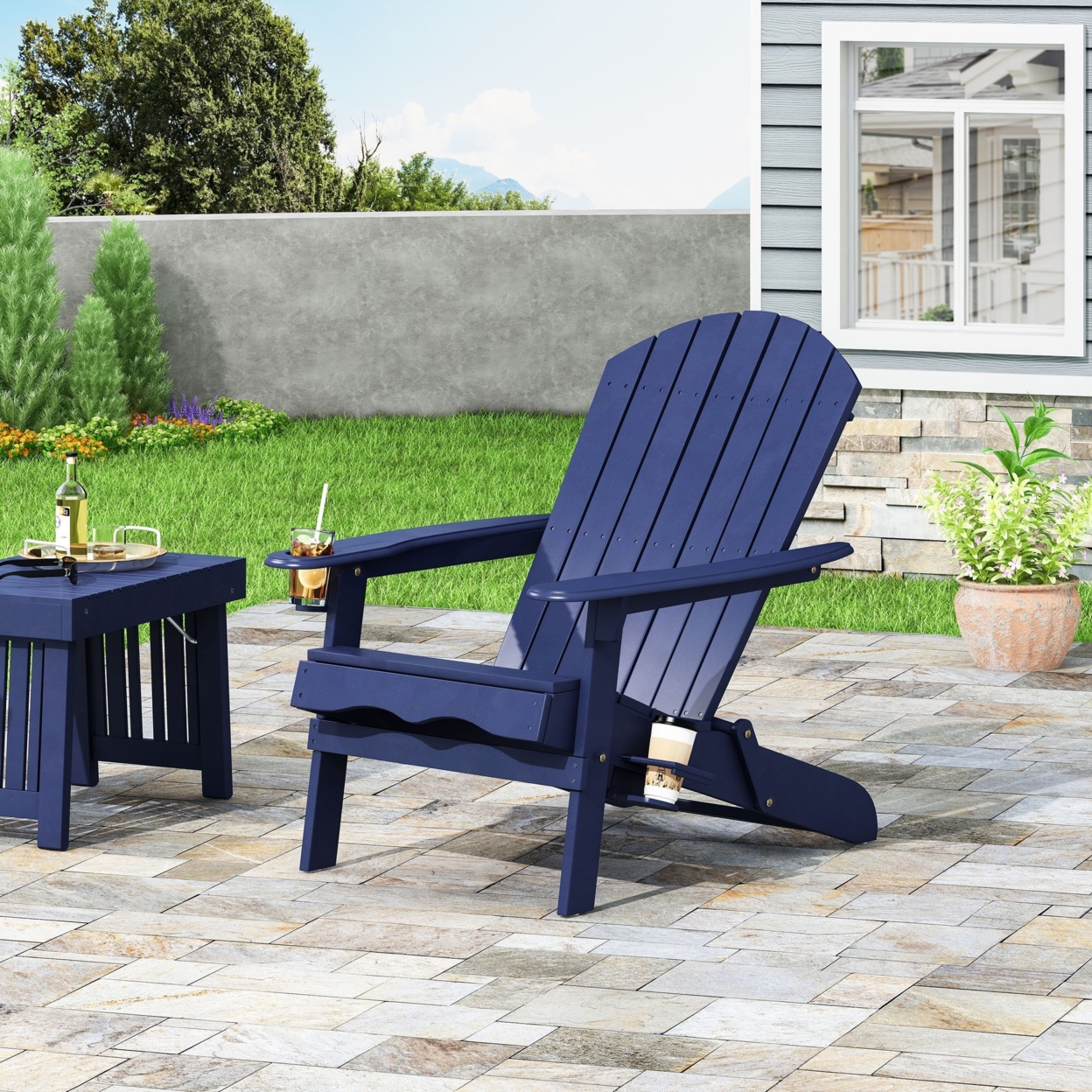 Kandyce Outdoor Acacia Wood Folding Adirondack Chair With Cup Holder - Navy Blue