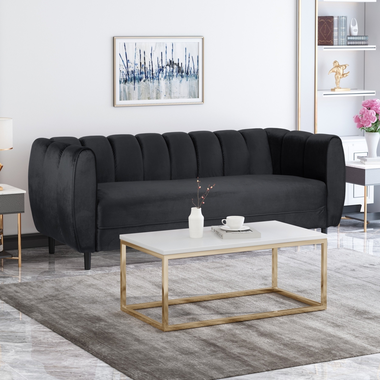 Karimah Modern Velvet 3 Seater Sofa - Black