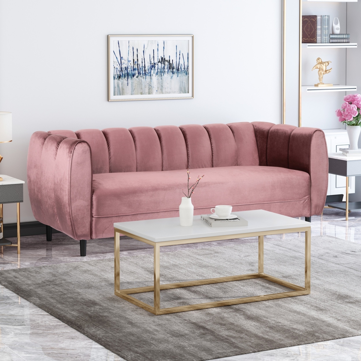 Karimah Modern Velvet 3 Seater Sofa - Blush