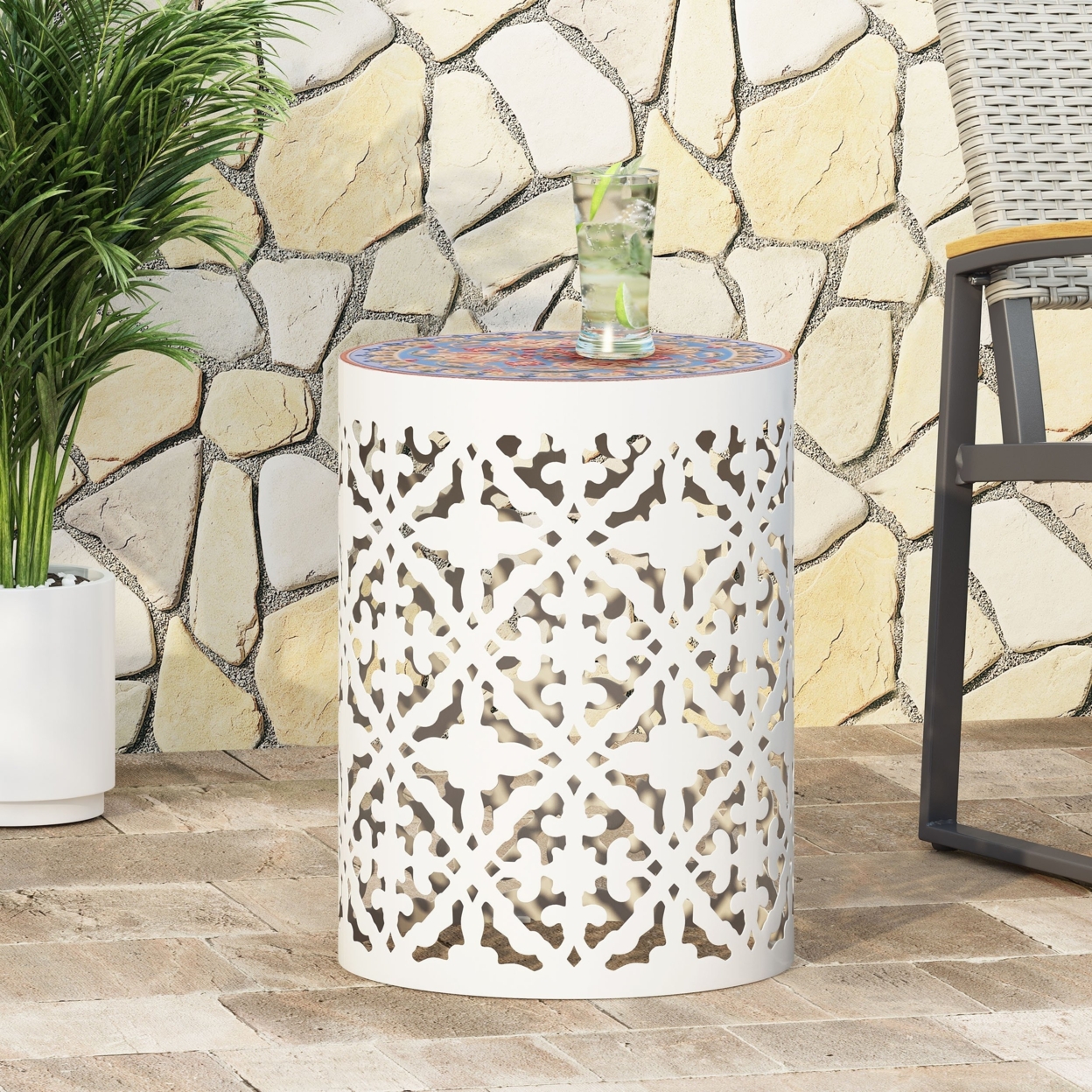 Kenzi Outdoor Lace Cut Side Table With Tile Top - Teal
