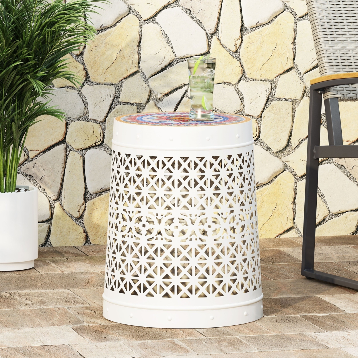 Khalief Outdoor Lace Cut Side Table With Tile Top - White