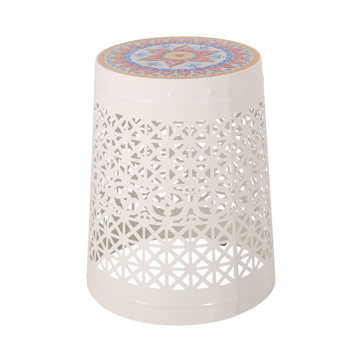 Khalief Outdoor Lace Cut Side Table With Tile Top - White