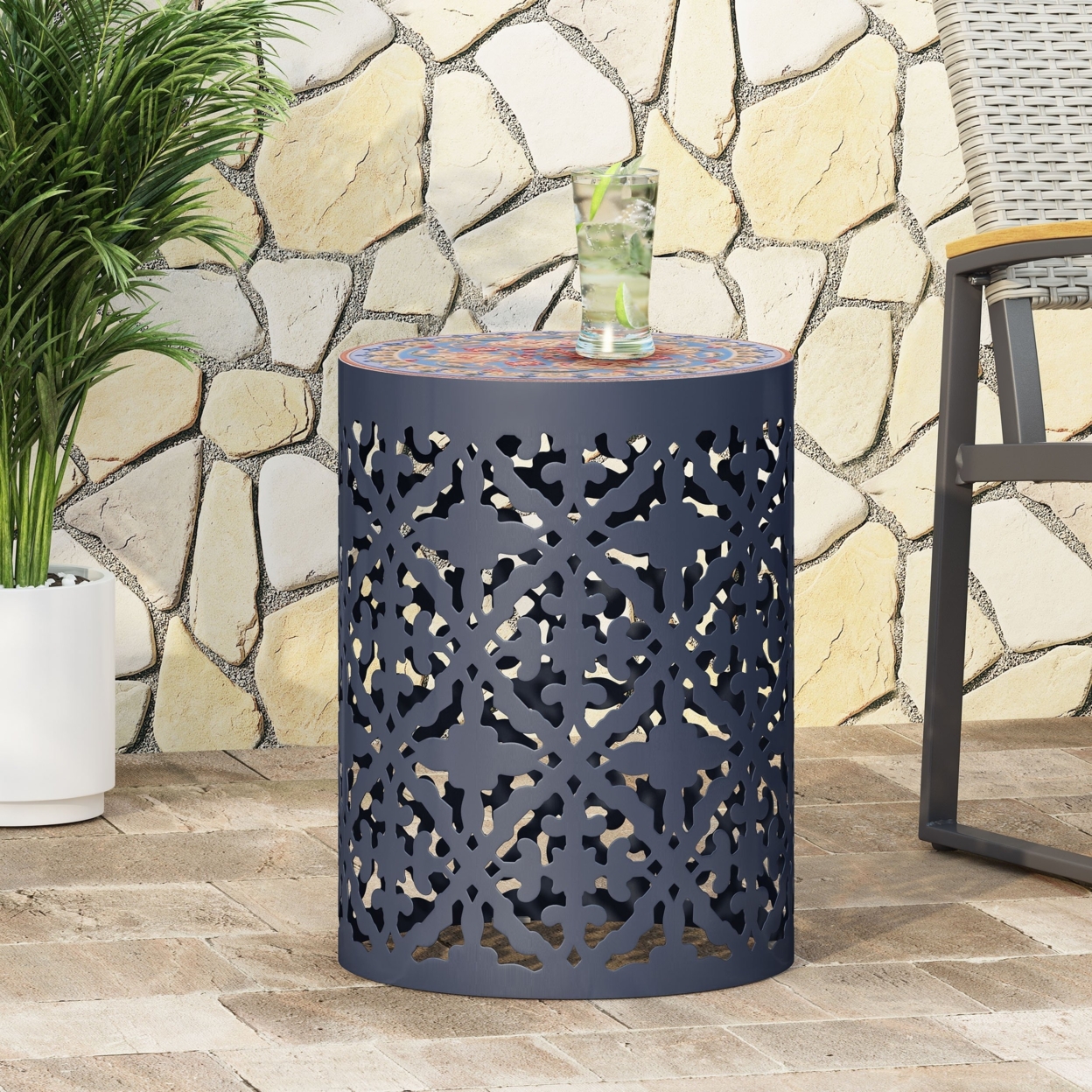 Kenzi Outdoor Lace Cut Side Table With Tile Top - Dark Blue