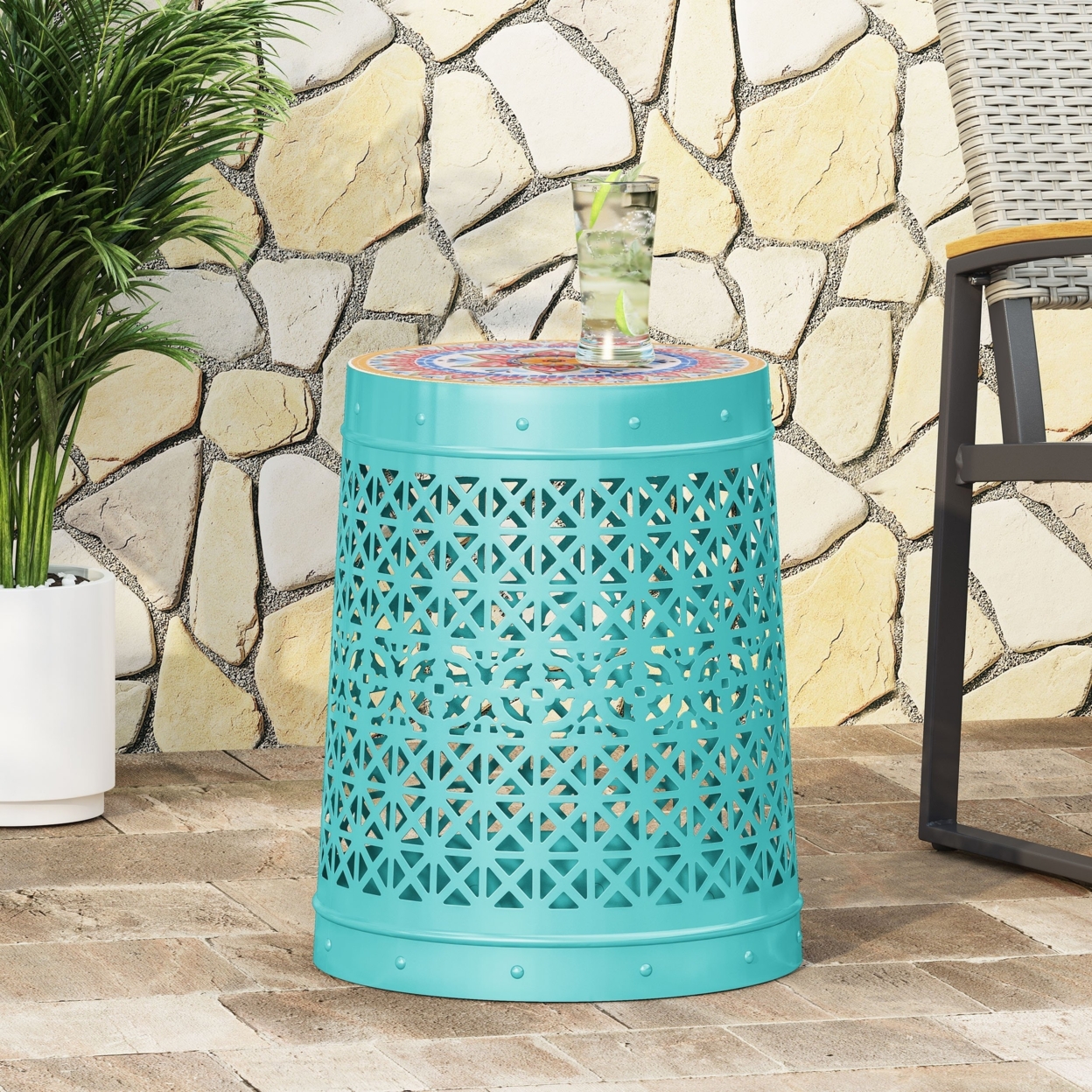 Khalief Outdoor Lace Cut Side Table With Tile Top - Teal