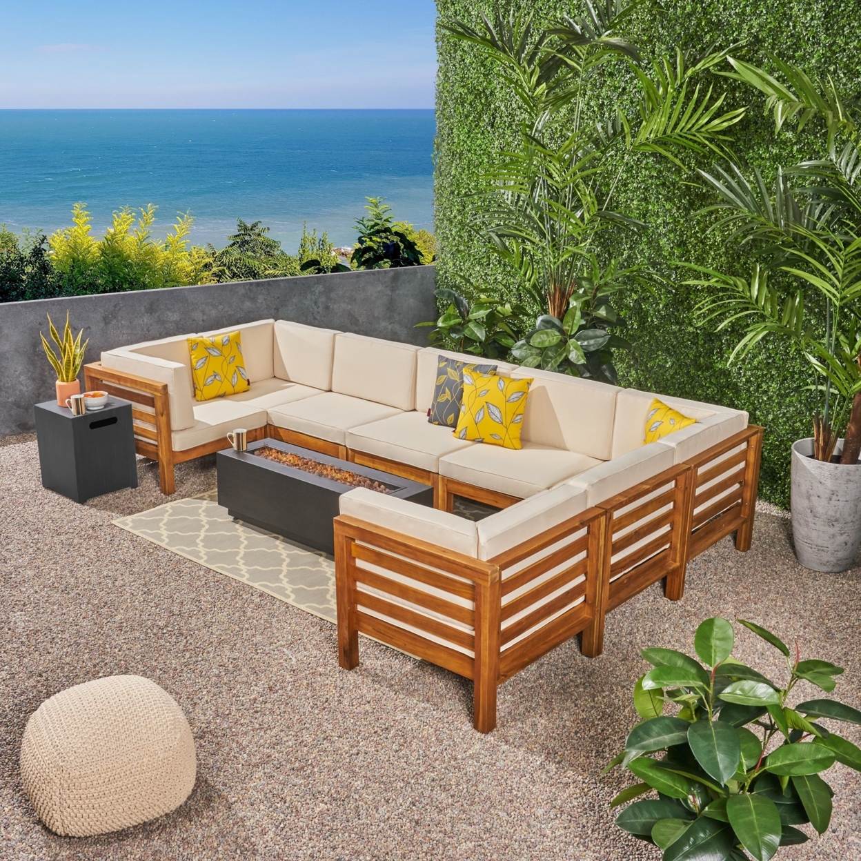 Krystin Outdoor U-Shaped Sectional Sofa Set With Fire Pit - Gray / Dark Gray