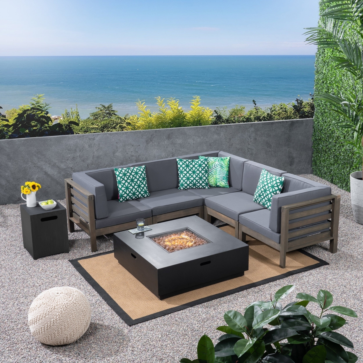 Krystin Outdoor 7 Piece V-Shaped Acacia Wood Sectional Sofa Set With Fire Pit And Outdoor Cushions - Gray