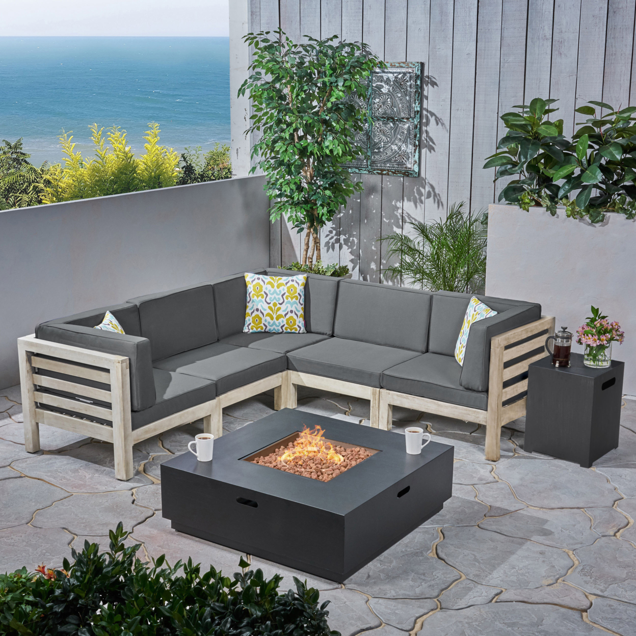 Krystin Outdoor V-Shaped Sectional Sofa Set With Fire Pit - Teak / Red