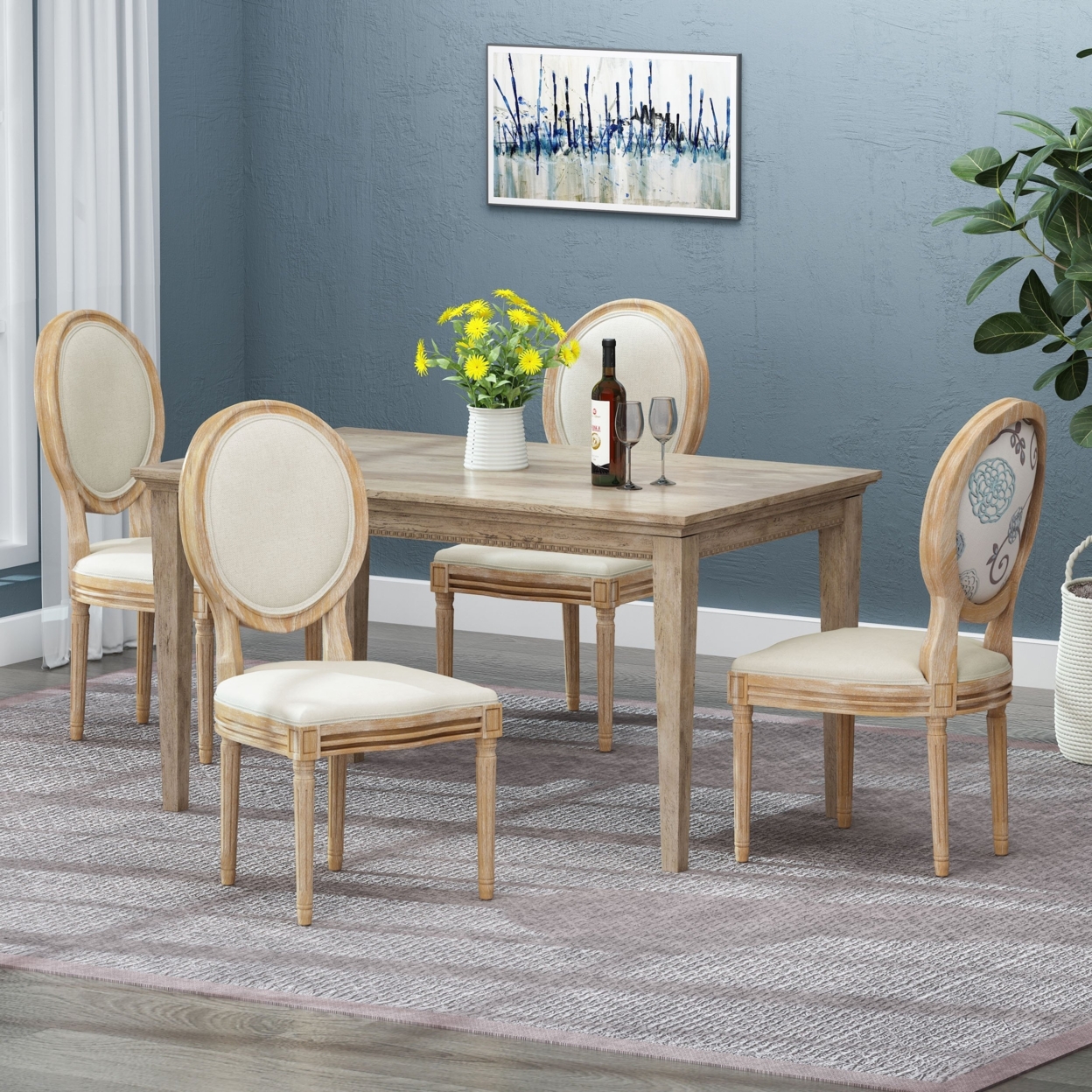 Lariya French Country Dining Chairs (Set Of 4) - Light Beige With Blue Floral/natural