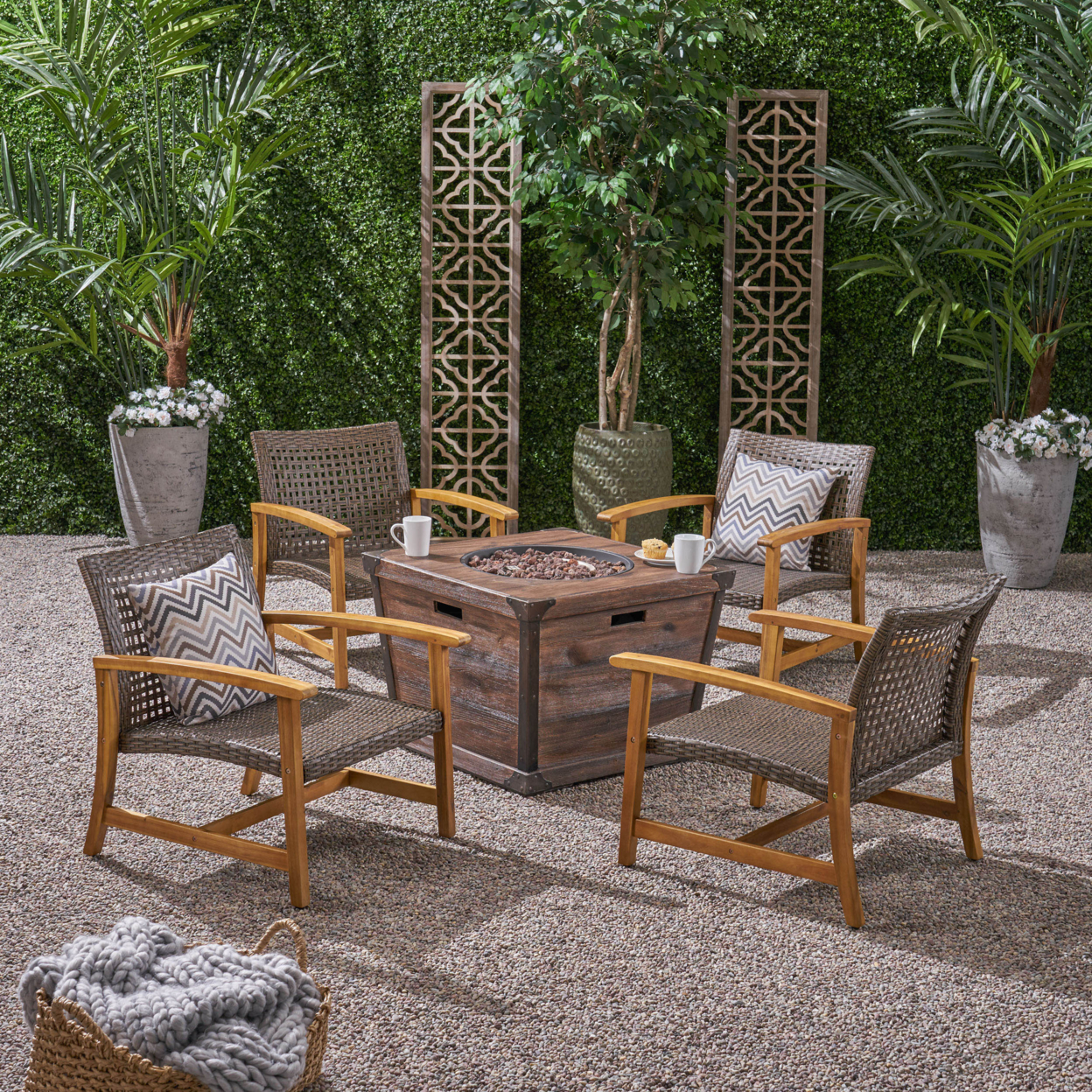 Levant Outdoor 4 Piece Wood And Wicker Club Chair Set With Fire Pit - Natural / Mixed Mocha