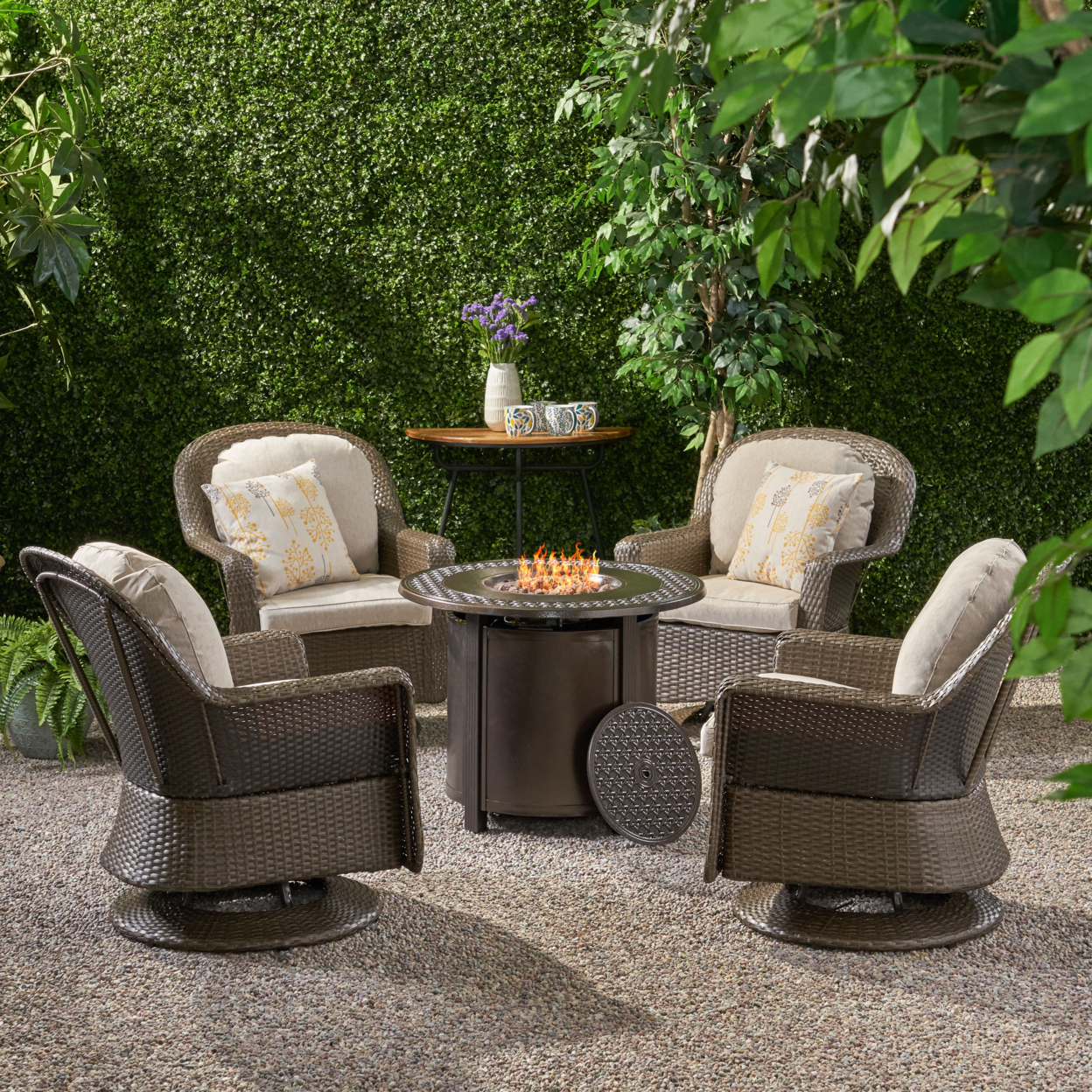 Linsten Outdoor 4 Seater Wicker Swivel Chair And Fire Pit Set - Brown/gray