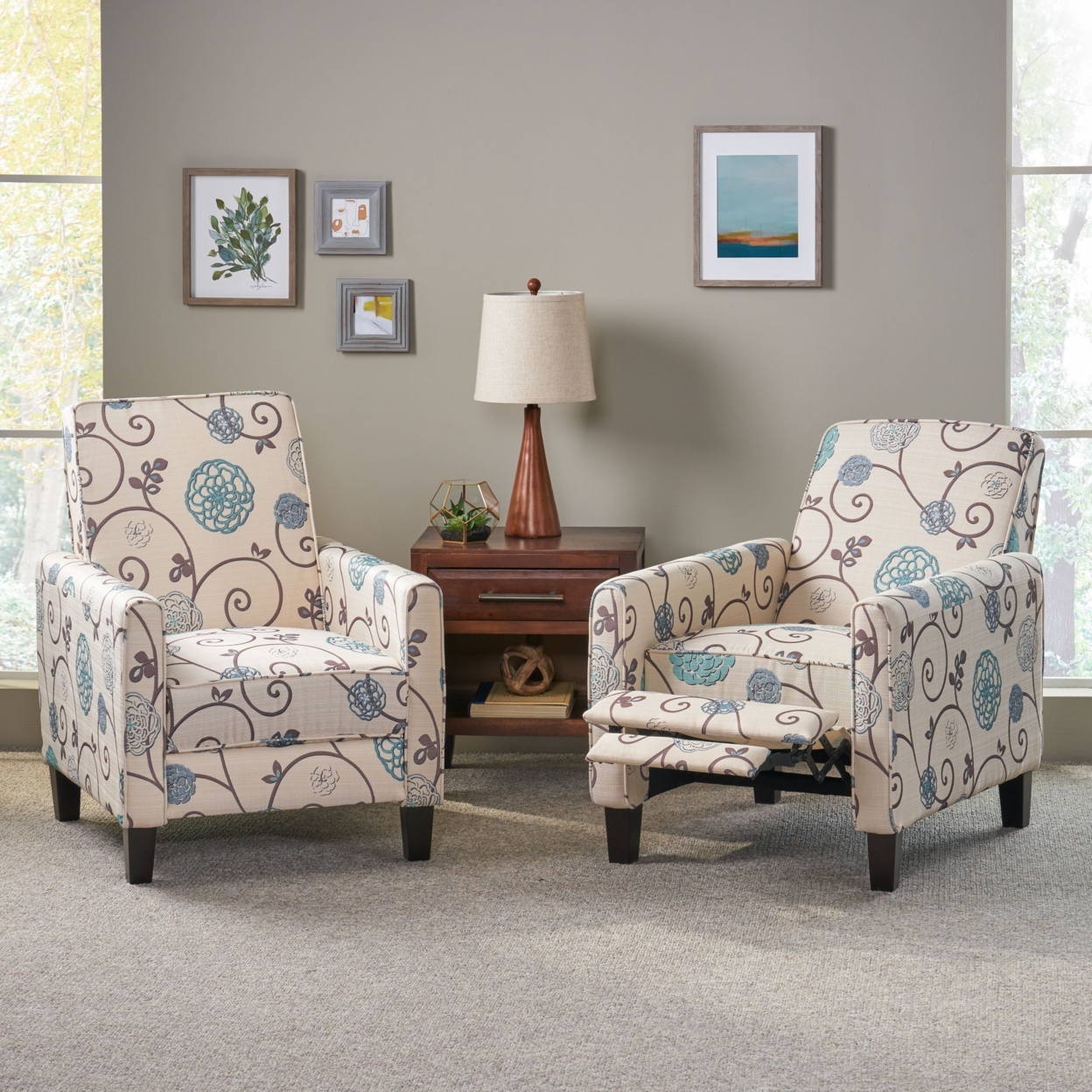 Lucas Contemporary Fabric Recliner (Set Of 2) - Light Beige With Blue Floral