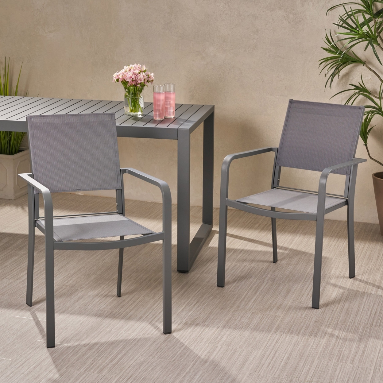 Martin Outdoor Modern Aluminum Dining Chair With Mesh Seat (Set Of 2) - Silver / Taupe