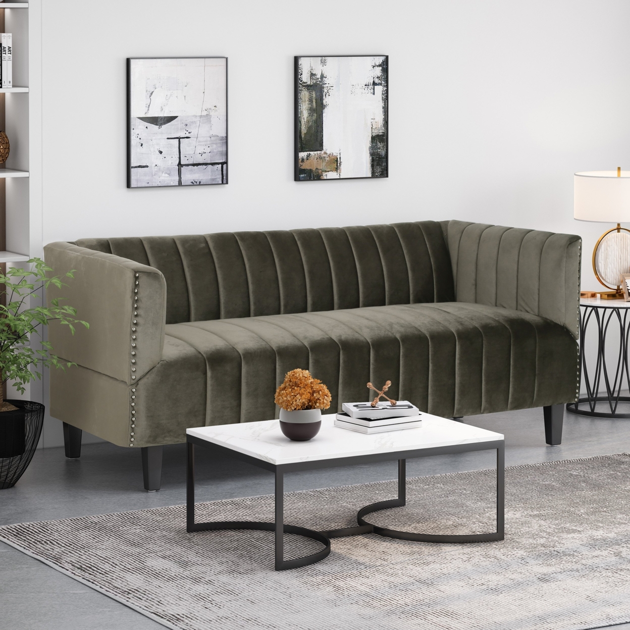 Masie Contemporary Channel Stitch Velvet 3 Seater Sofa - Gray