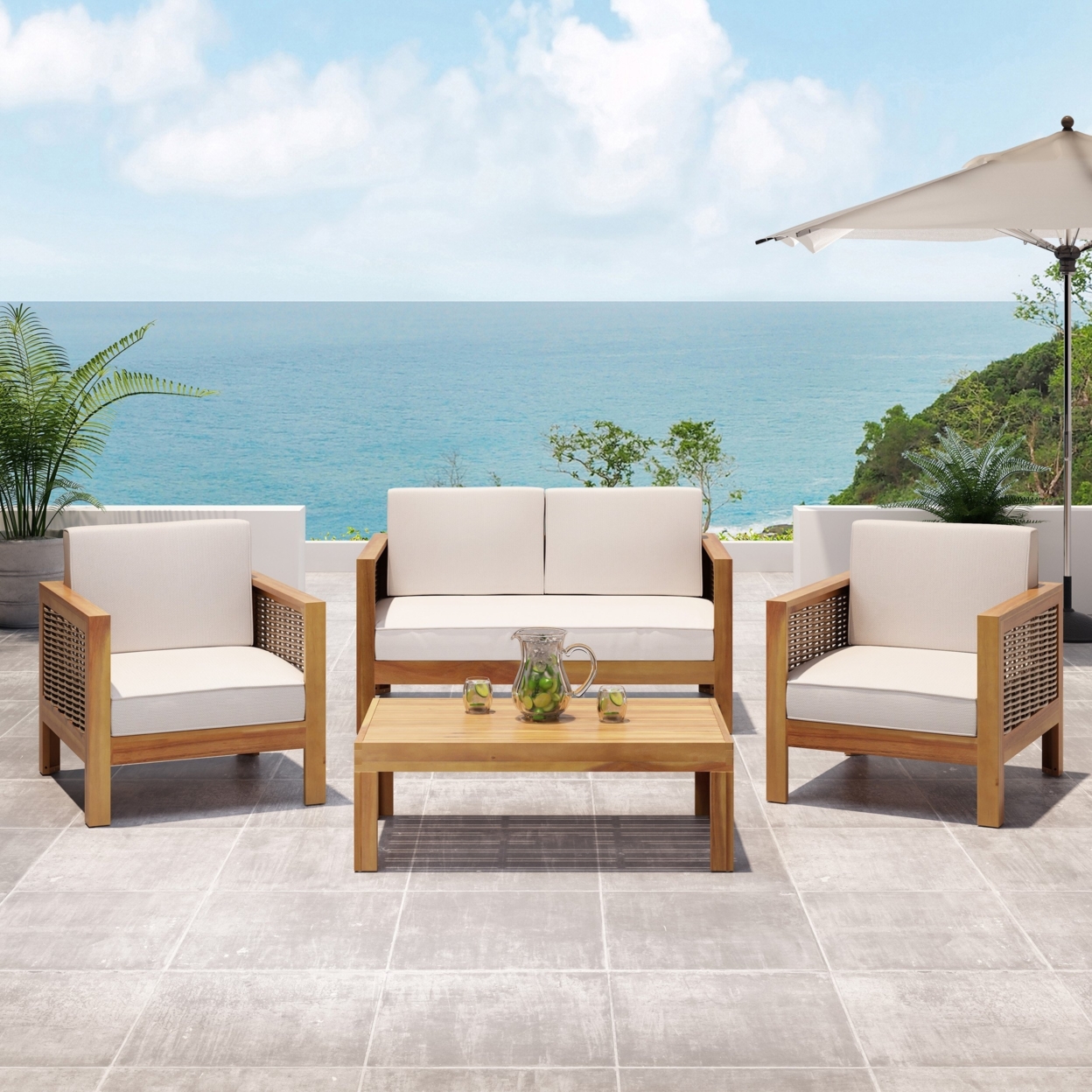 Mayes Outdoor 4 Seater Acacia Wood Chat Set With Wicker Accents - Teak/mixed Brown/beige