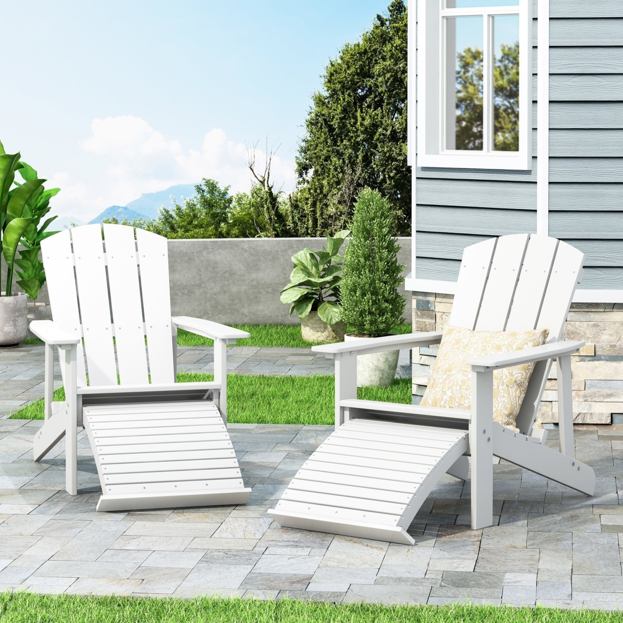 Matriel Outdoor Adirondack Chair With Retractable Ottoman (Set Of 2) - Black