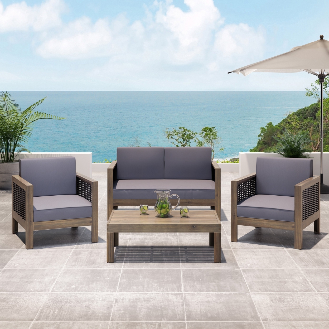 Mayes Outdoor 4 Seater Acacia Wood Chat Set With Wicker Accents - Teak/mixed Brown/beige
