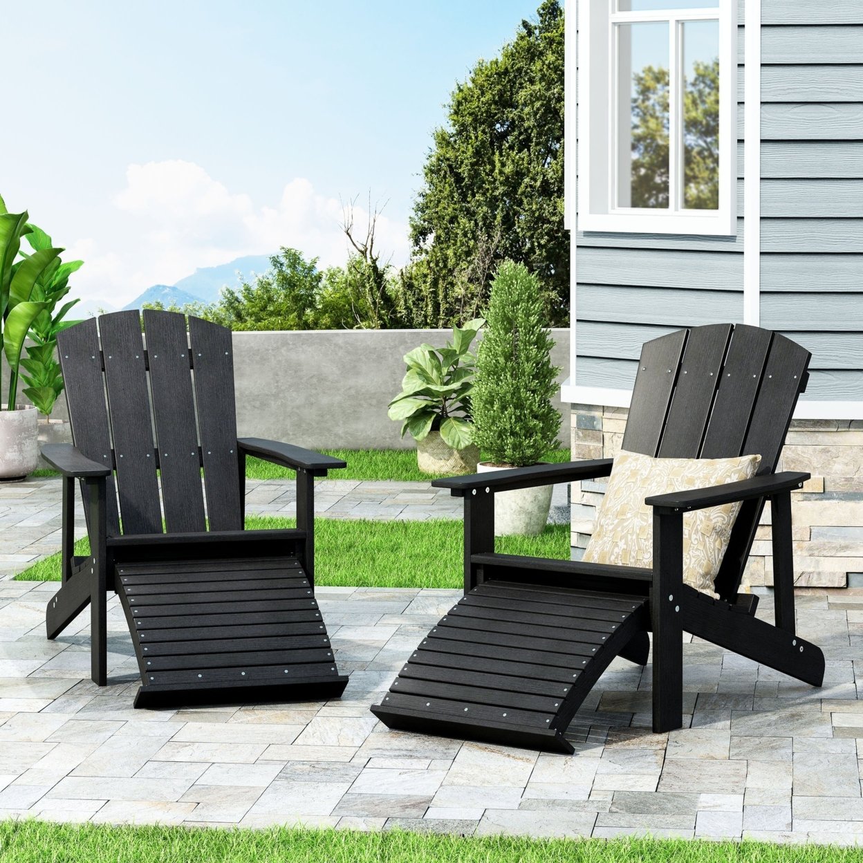 Matriel Outdoor Adirondack Chair With Retractable Ottoman (Set Of 2) - Black