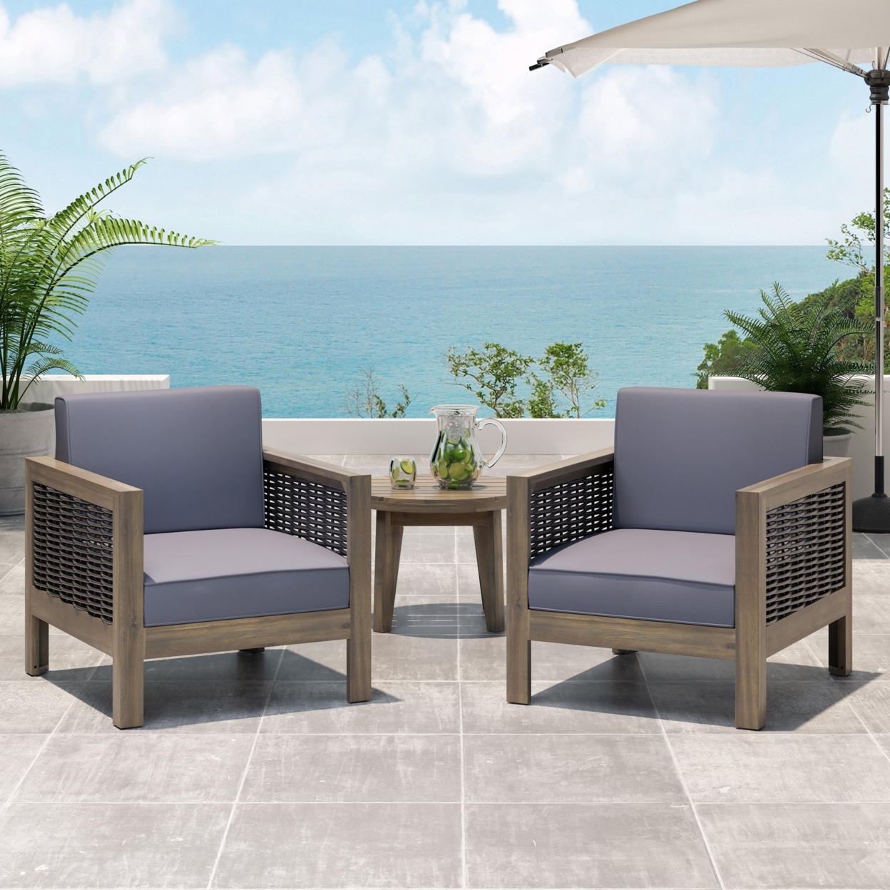 Mayes Outdoor Acacia Wood Club Chair With Wicker Accents (Set Of 2) - Gray/mixed Gray/dark Gray