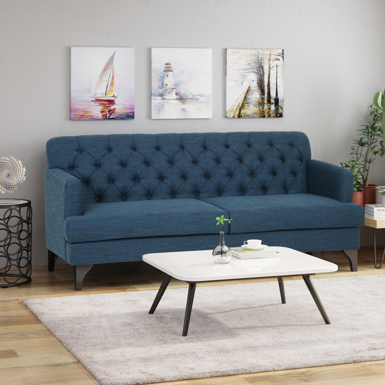 Maysin Contemporary Tufted Fabric 3 Seater Sofa - Navy Blue