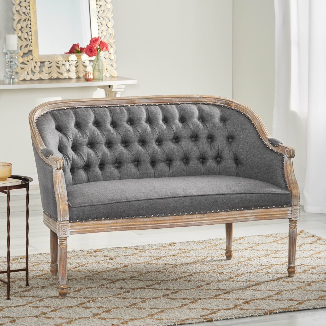 Megan Traditional Tufted Upholstered Loveseat - Antique/cognac, Faux Leather