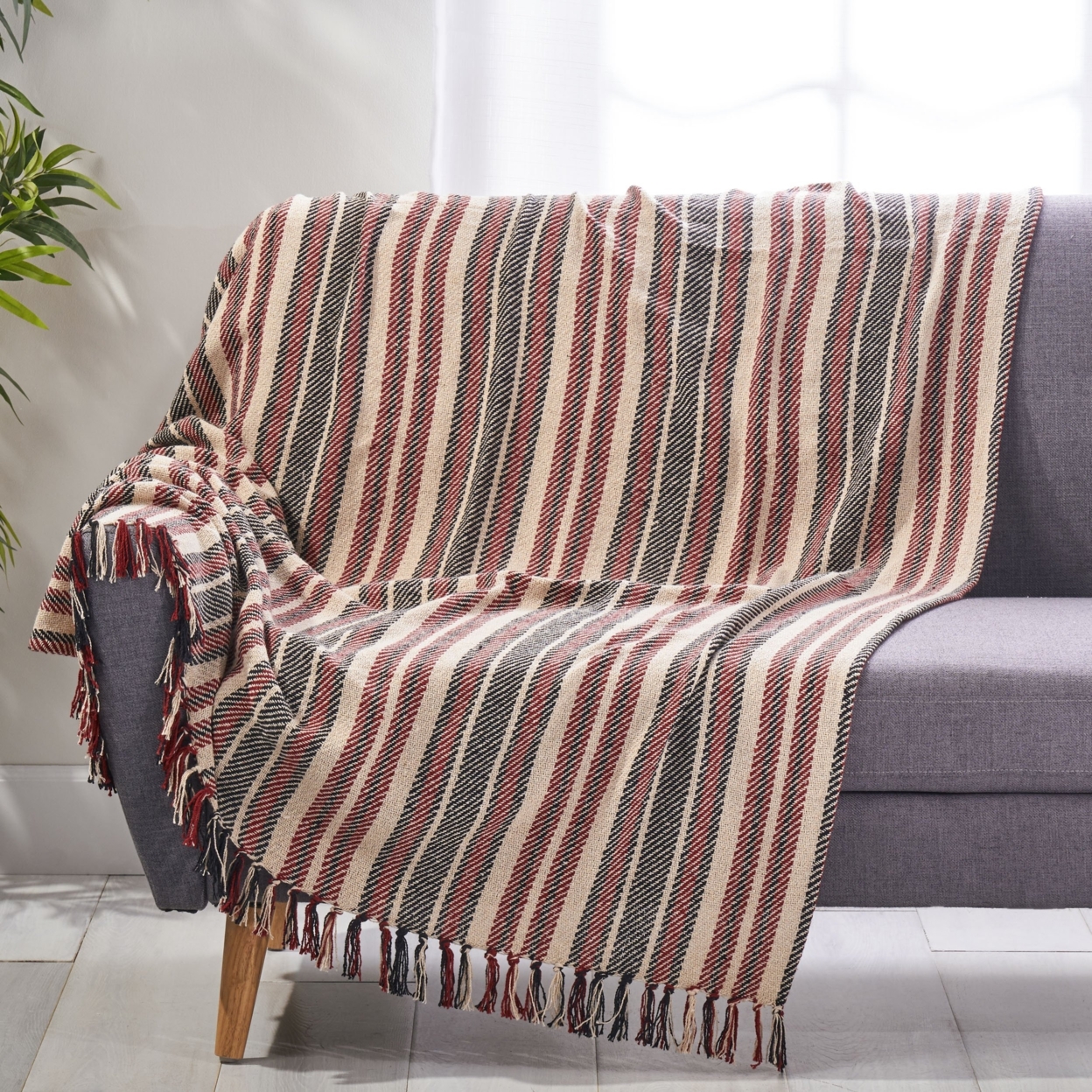 Merna Boho Cotton Throw Blanket - Muted Red/muted Black