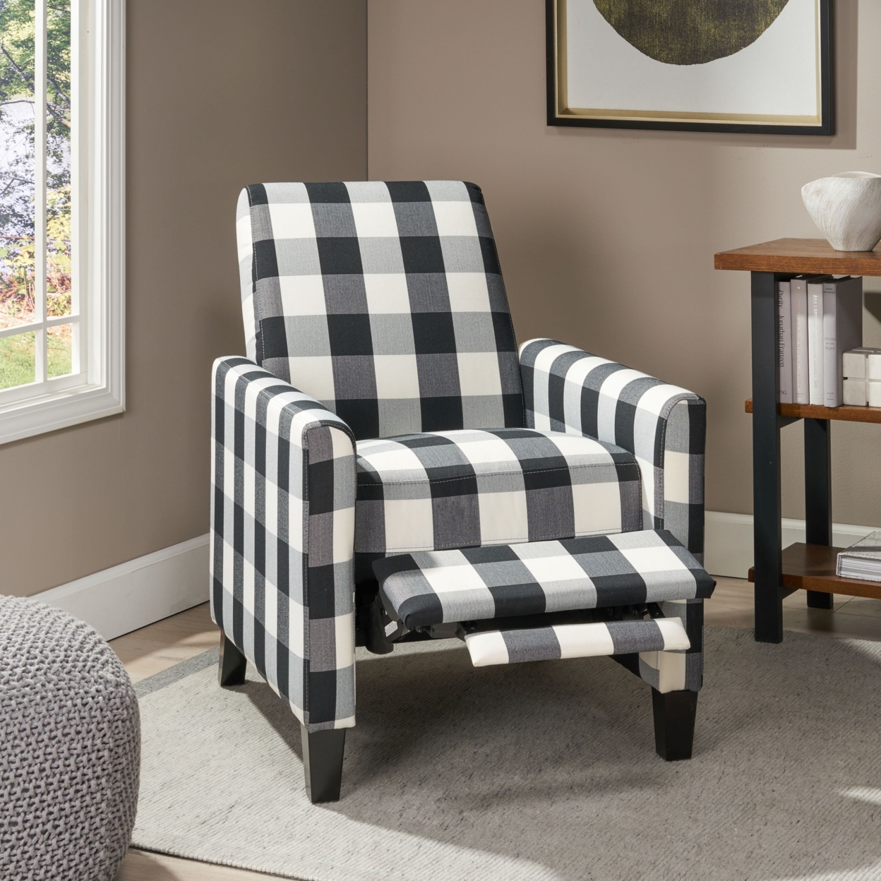 Nayan Contemporary Fabric Upholstered Push Back Recliner - Black Checkerboard
