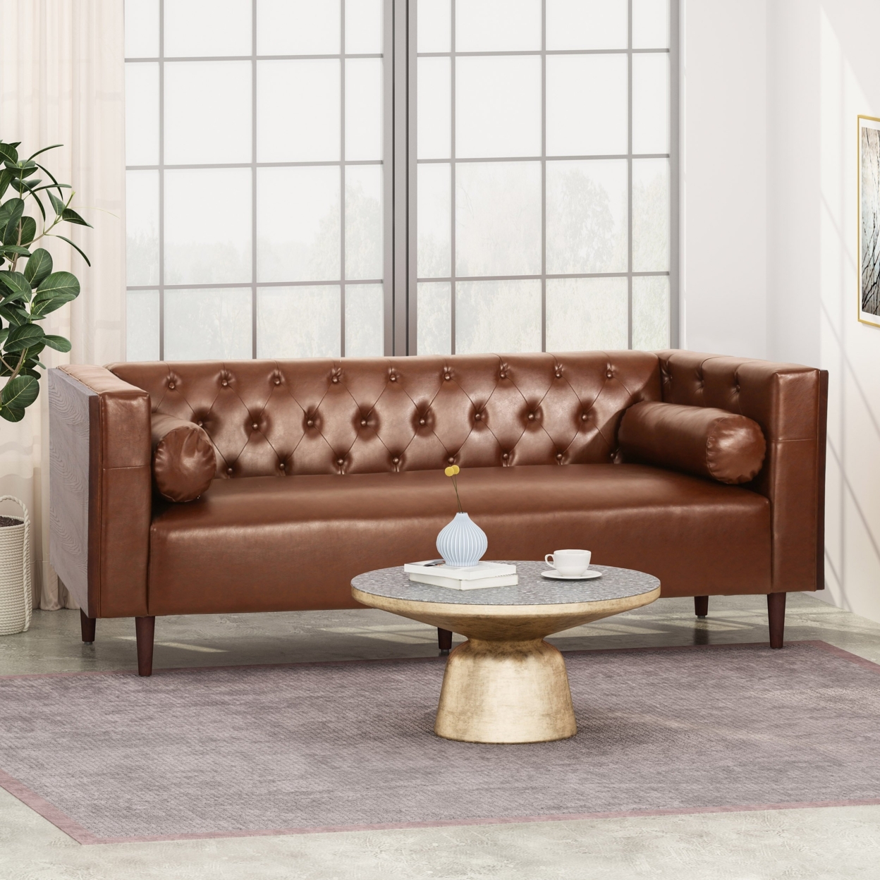 Neilan Contemporary Tufted Deep Seated Sofa With Accent Pillows - Dark Brown