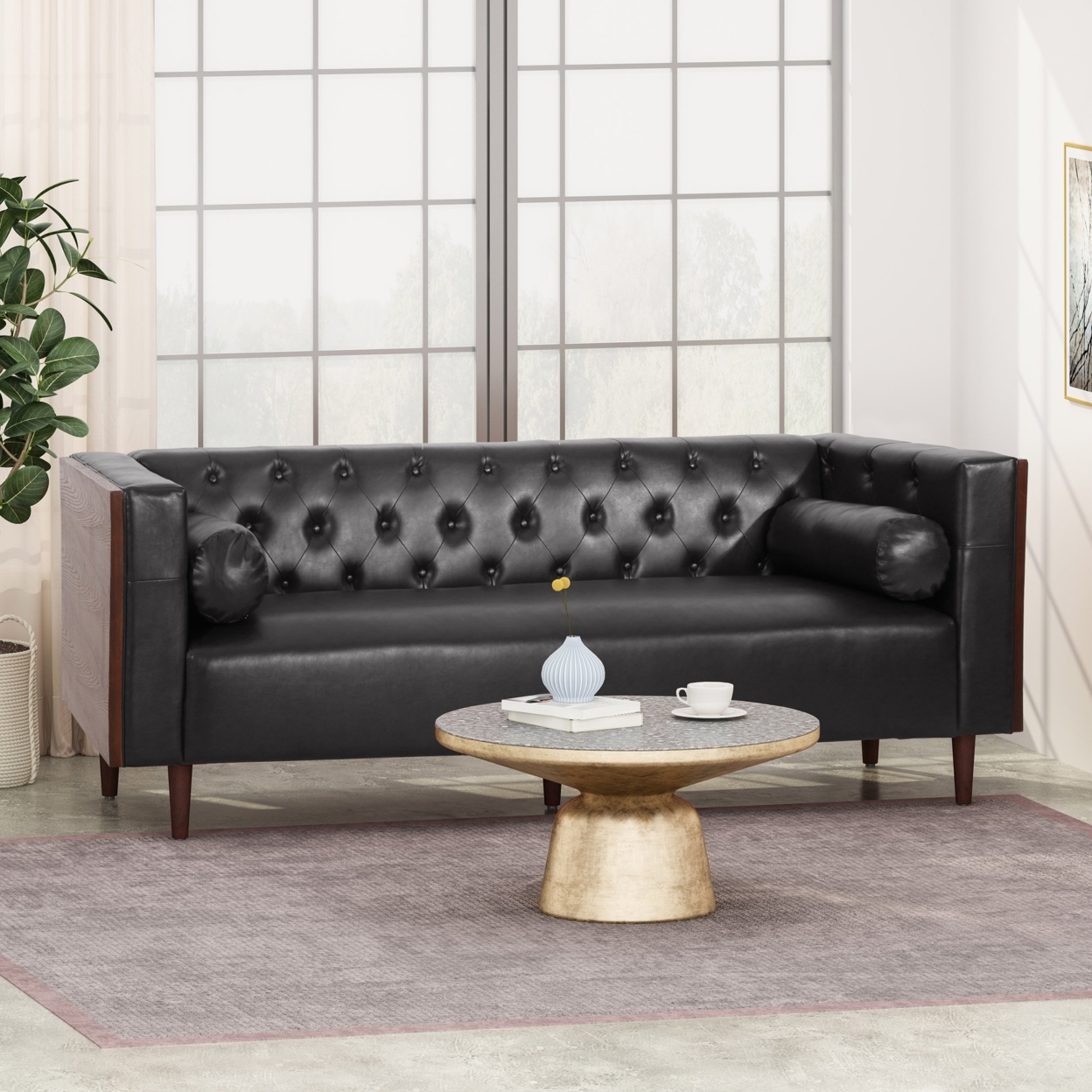 Neilan Contemporary Tufted Deep Seated Sofa With Accent Pillows - Midnight Black