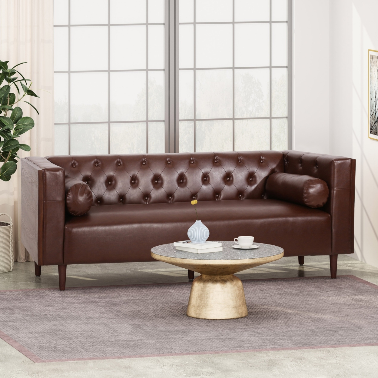 Neilan Contemporary Tufted Deep Seated Sofa With Accent Pillows - Dark Brown