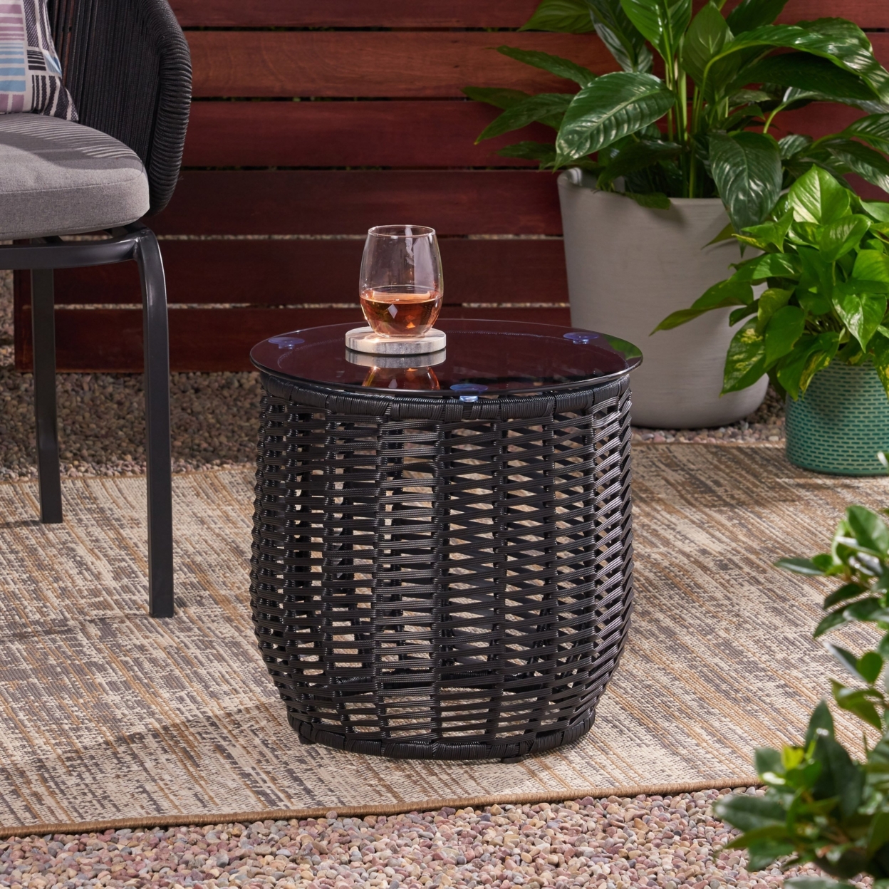 Ola Wicker Side Table With Tempered Glass Top - Light Brown Wicker