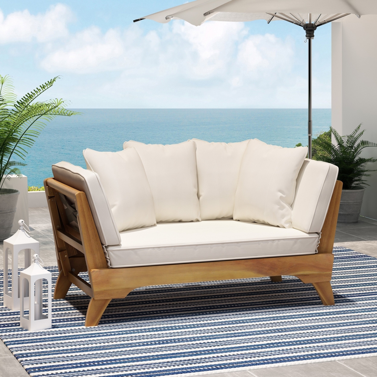 Oceanna Outdoor Acacia Wood Expandable Daybed With Water Resistant Cushions - Gray/dark Gray/gray