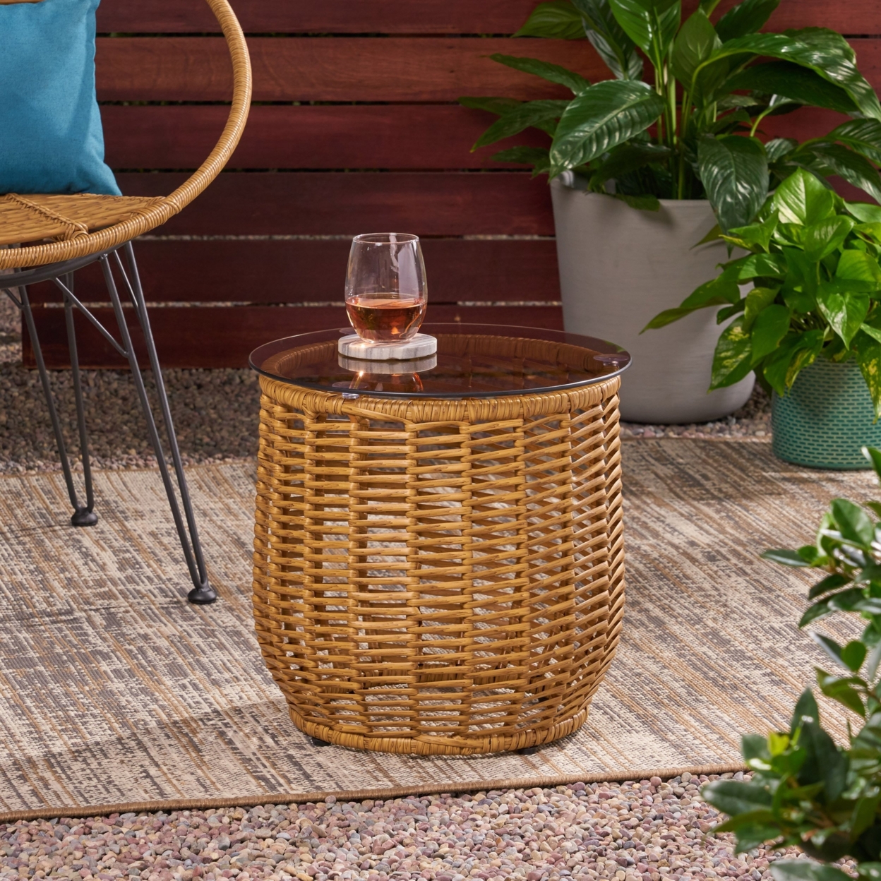 Ola Wicker Side Table With Tempered Glass Top - Light Brown Wicker