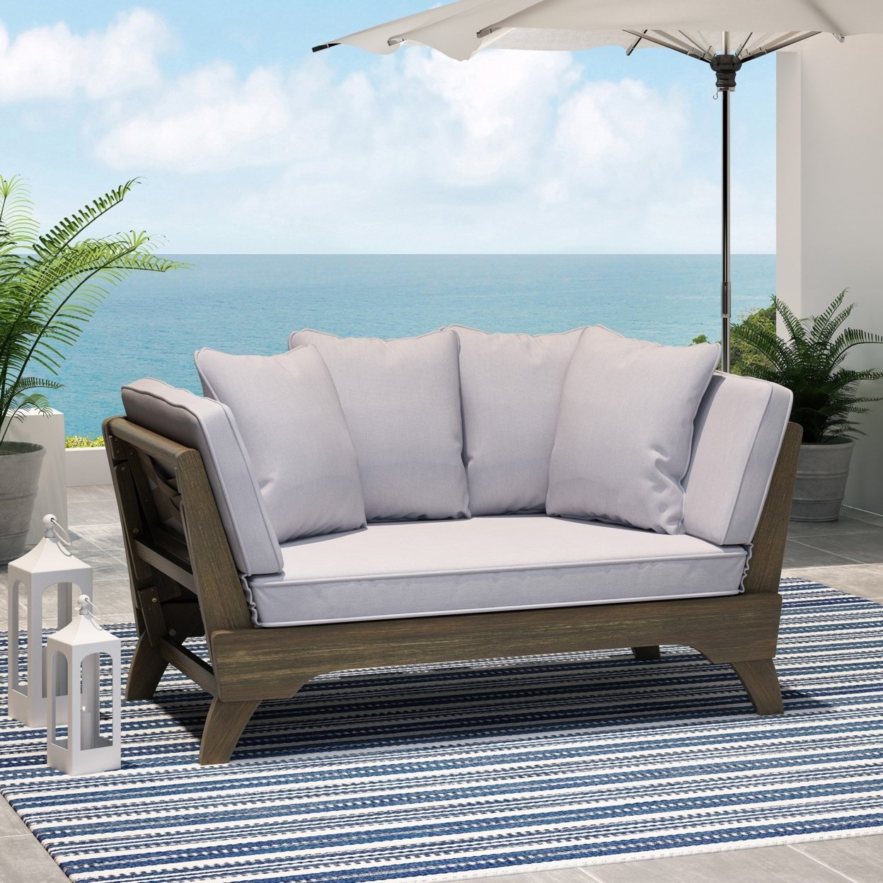 Oceanna Outdoor Acacia Wood Expandable Daybed With Water Resistant Cushions - Gray/dark Gray/gray