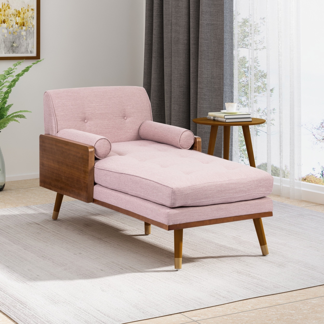 Pareesa Mid-Century Modern Fabric Chaise Lounge - Light Blush