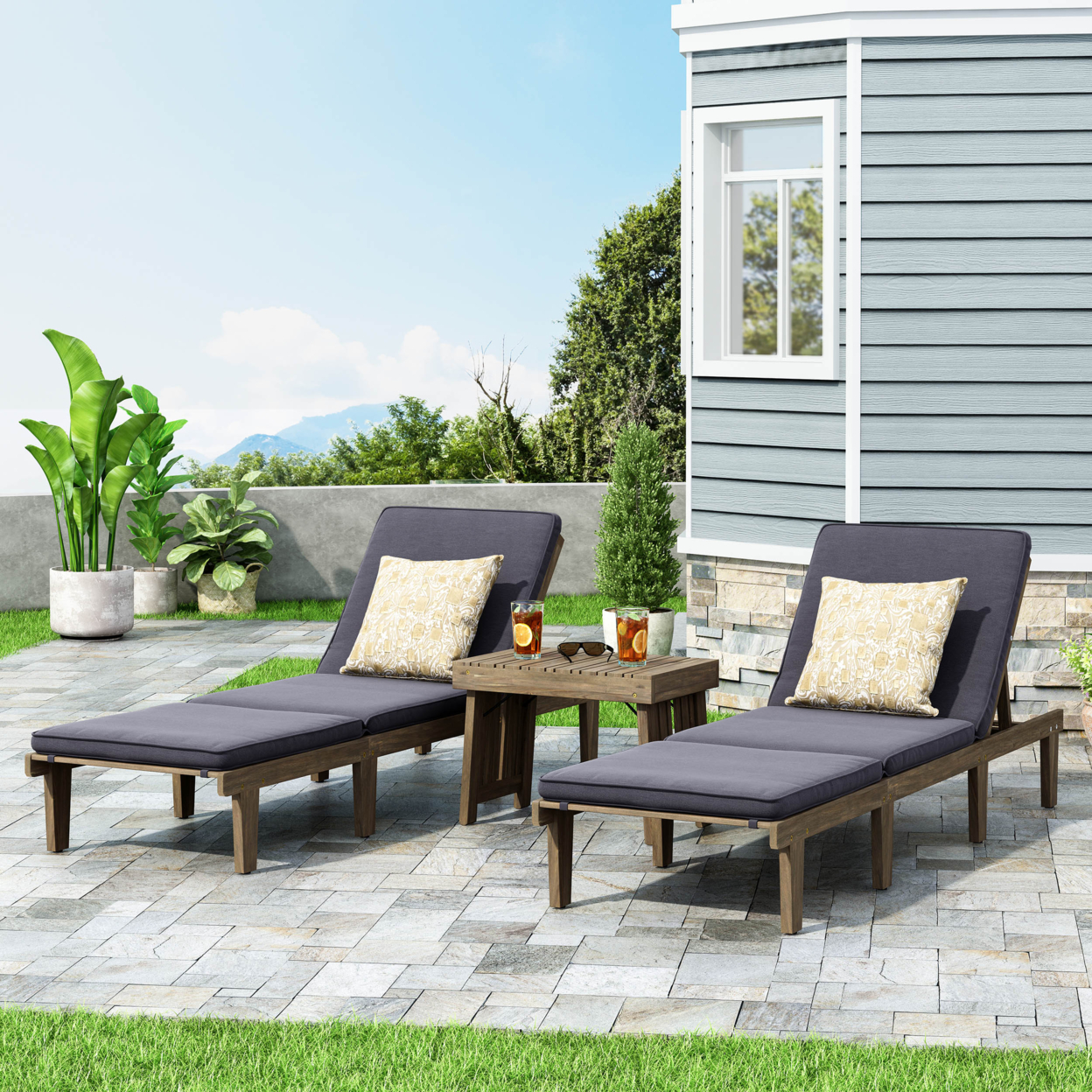 Paolo Outdoor Acacia Wood 3 Piece Chaise Lounge Set With Water-Resistant Cushions - Gray/dark Gray