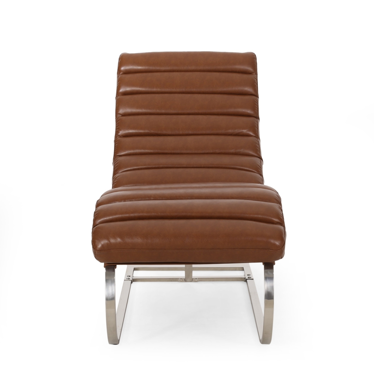 Pearsall Modern Channel Stitch Chaise Lounge - Cognac Brown + Silver