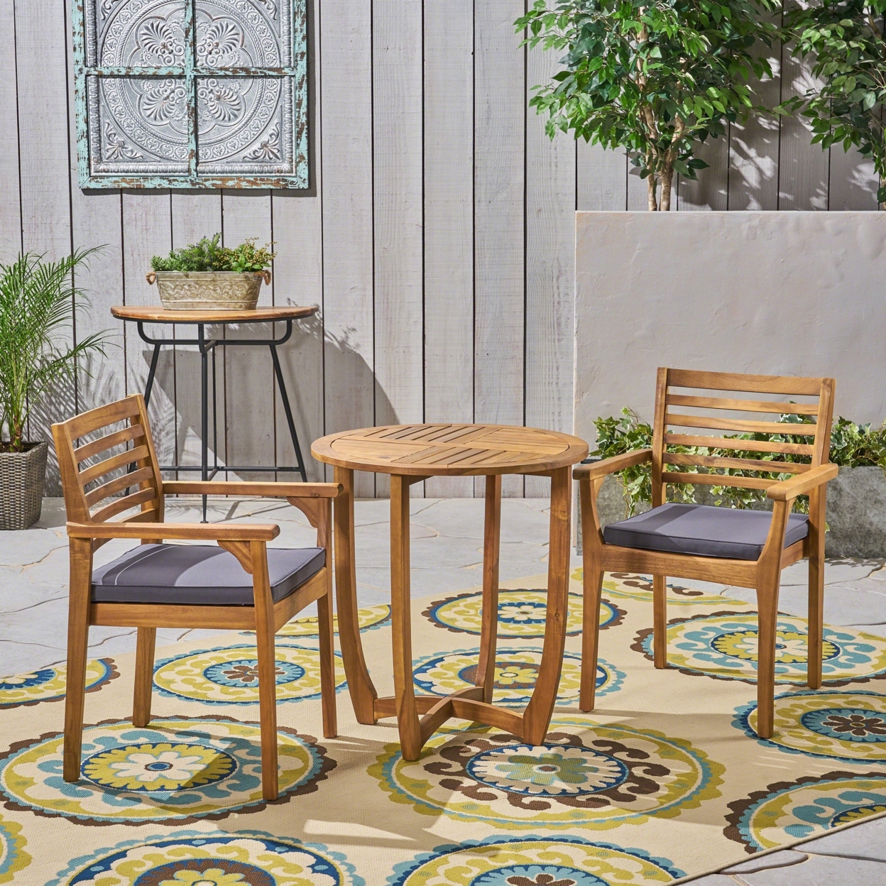 Phoenix Outdoor Acacia 2-Seater Bistro Set With Cushions And 28 Round Table With Closed Legs - Teak