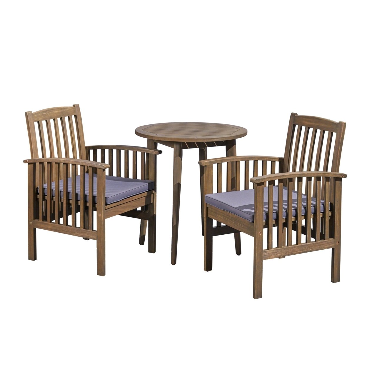 Phoenix Outdoor Acacia 2-Seater Bistro Set with Cushions and 28" Round Table with Straight Legs - Gray Finish + Dark Gray
