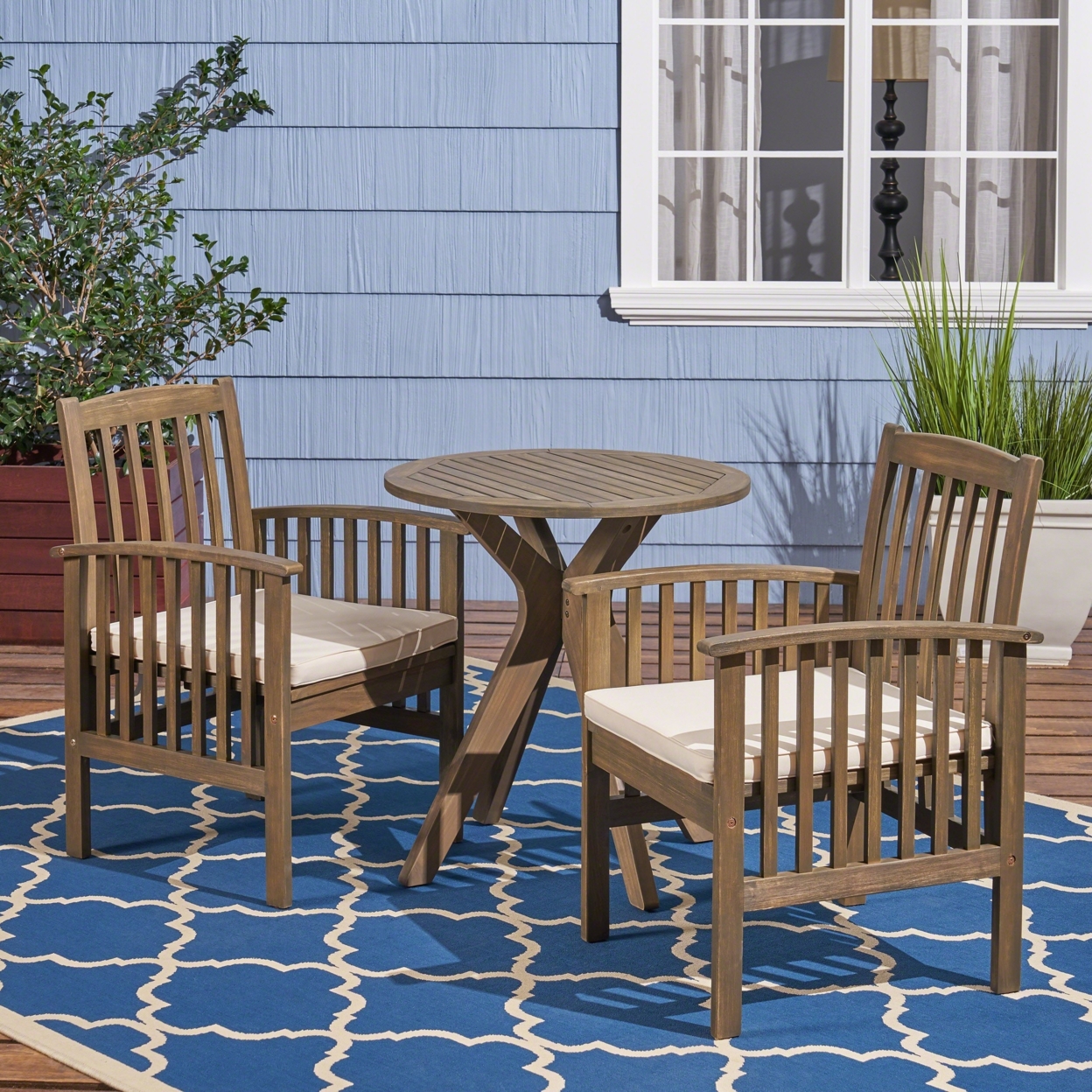 Phoenix Outdoor Acacia 2-Seater Bistro Set With Cushions And 28 Round Table With X-Legs - Gray / Cream