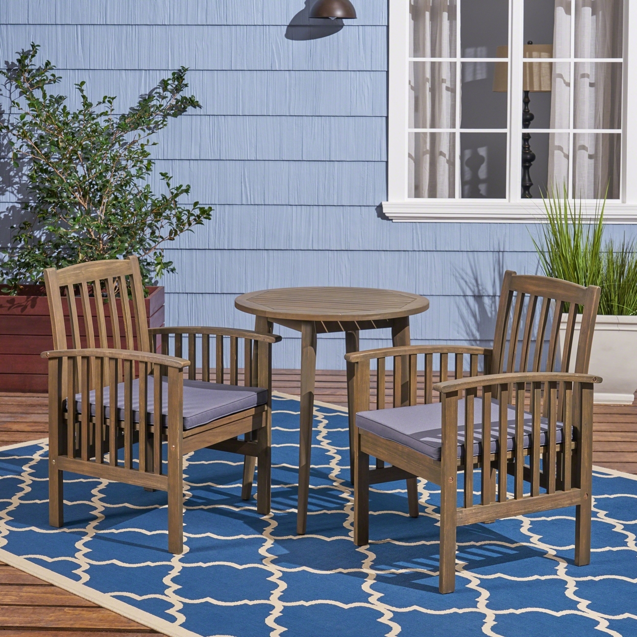 Phoenix Outdoor Acacia 2-Seater Bistro Set With Cushions And 28 Round Table With Straight Legs - Teak Finish + Cream