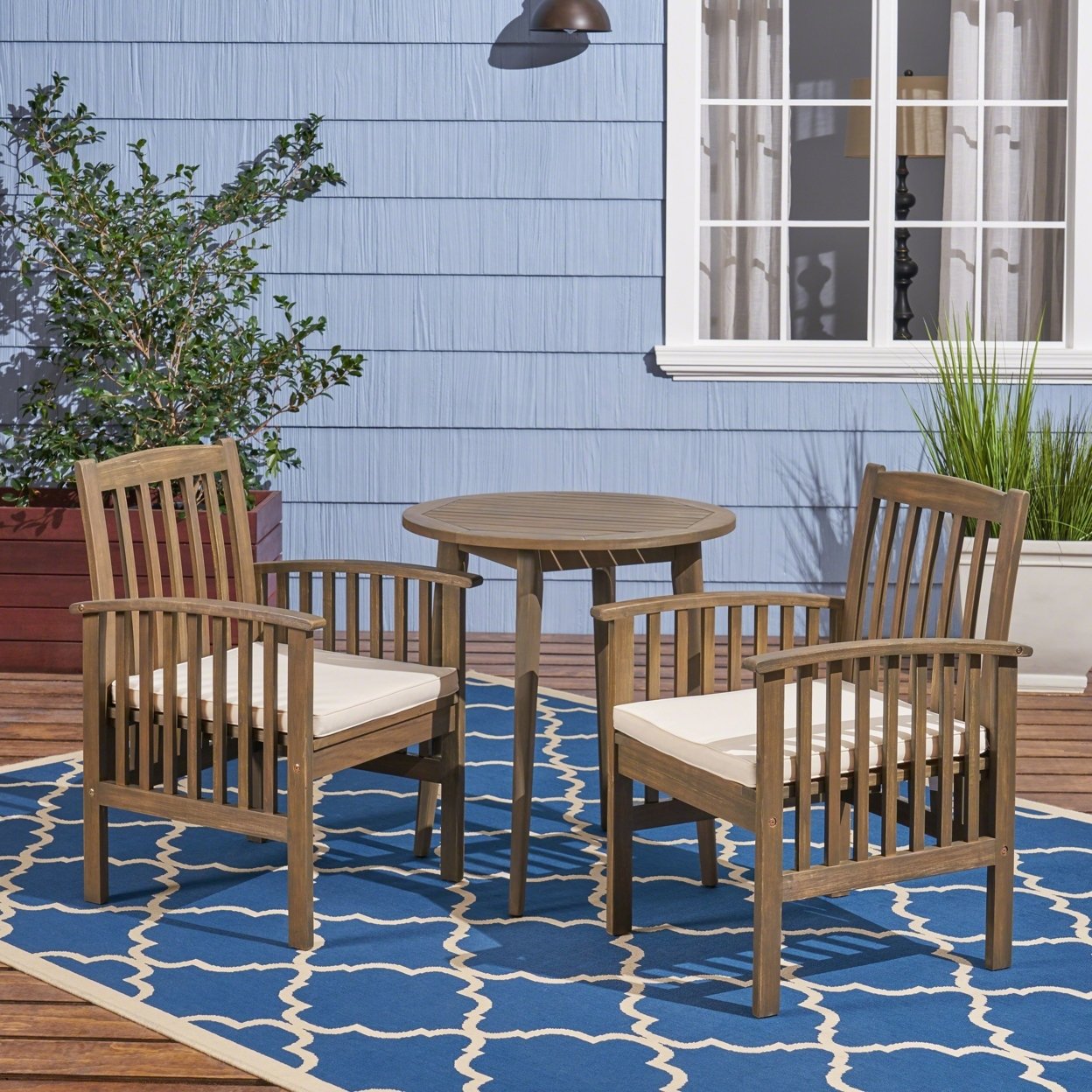 Phoenix Outdoor Acacia 2-Seater Bistro Set With Cushions And 28 Round Table With Straight Legs - Gray Finish + Cream