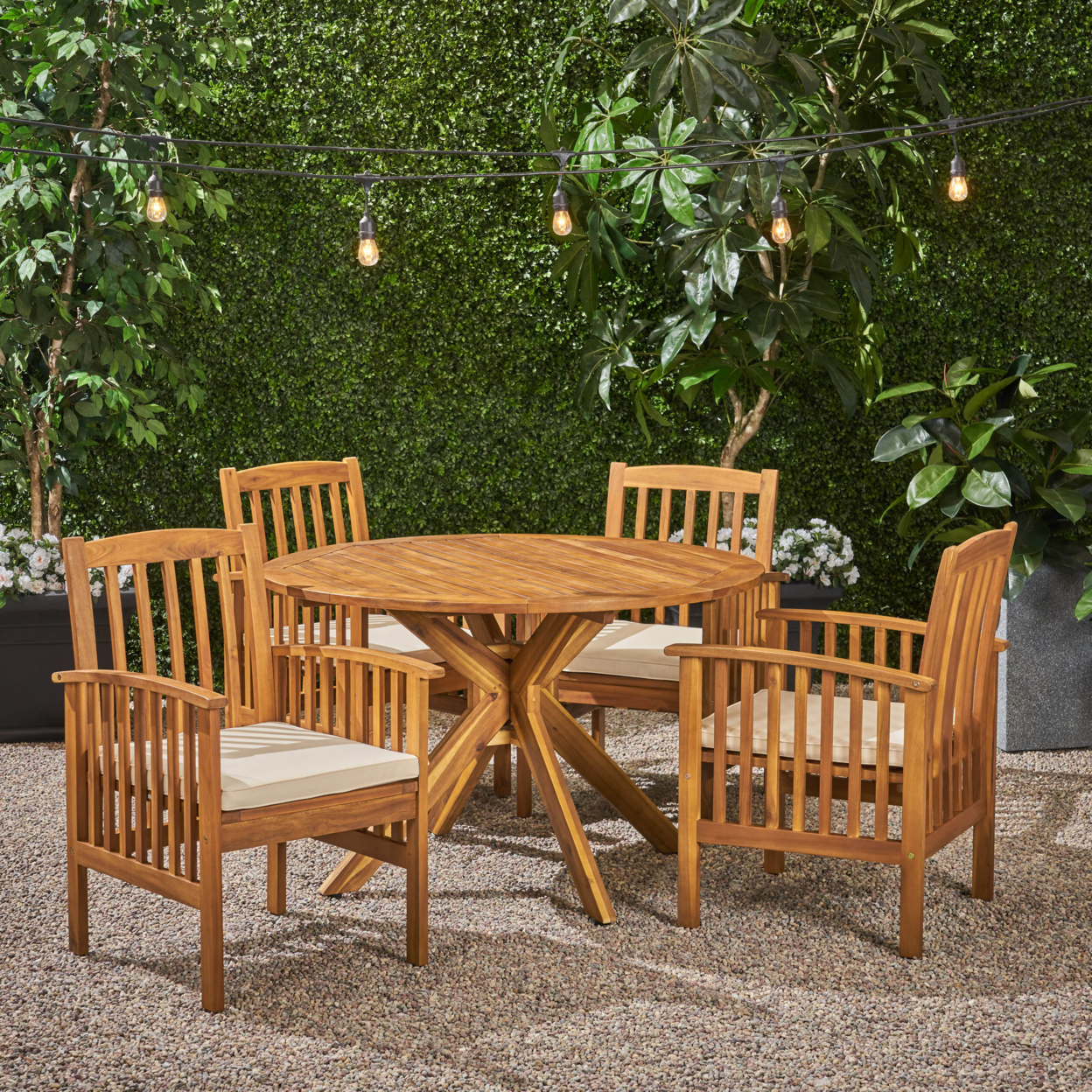 Phoenix Outdoor Acacia 4-Seater Dining Set With Cushions And 47 Round Table With X-Legs - Gray / Cream