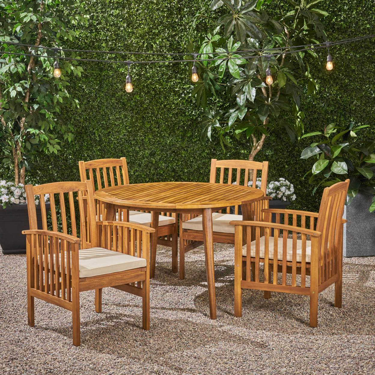 Phoenix Outdoor Acacia 4-Seater Dining Set With Cushions And 47 Round Table With Straight Legs - Gray / Cream