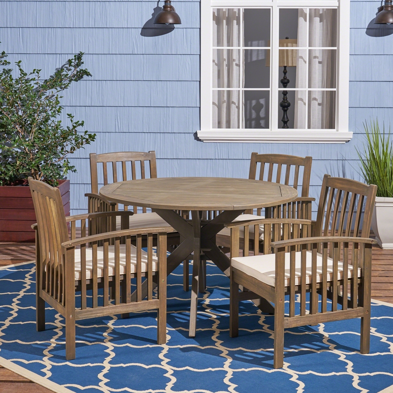 Phoenix Outdoor Acacia 4-Seater Dining Set With Cushions And 47 Round Table With X-Legs - Gray / Cream